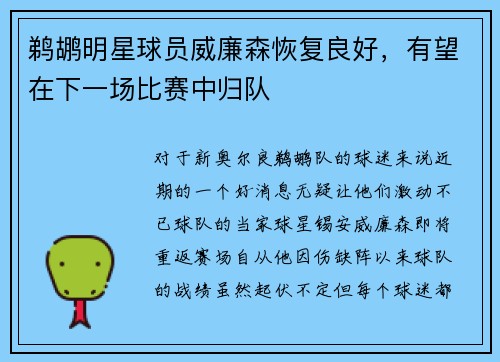 鹈鹕明星球员威廉森恢复良好，有望在下一场比赛中归队
