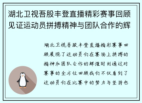 湖北卫视吾股丰登直播精彩赛事回顾见证运动员拼搏精神与团队合作的辉煌时刻