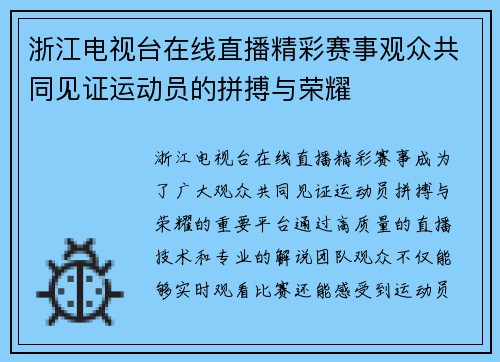 浙江电视台在线直播精彩赛事观众共同见证运动员的拼搏与荣耀